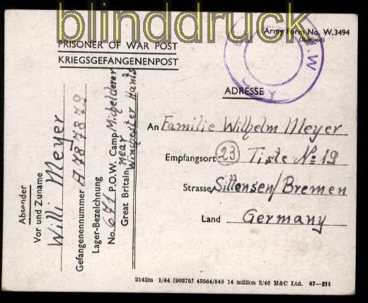 Dt Reich Pow Kgf Postkarte 671 G P W W Coy 15 7 1946