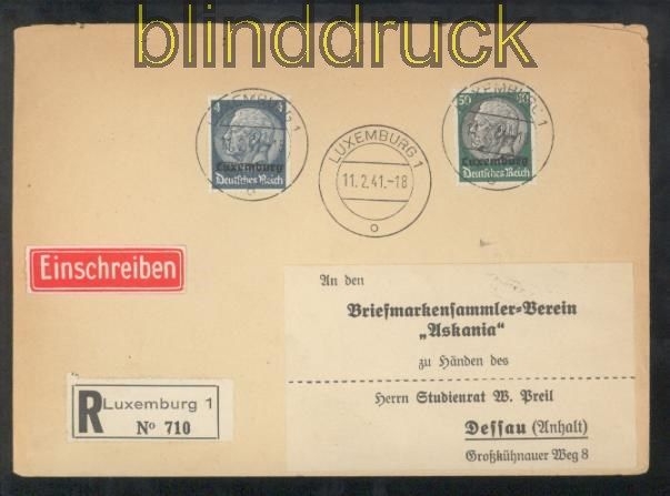 Luxemburg Mi # 2 + 13 MiF R-Brief 11.2.1941 nach Dessau (43034)